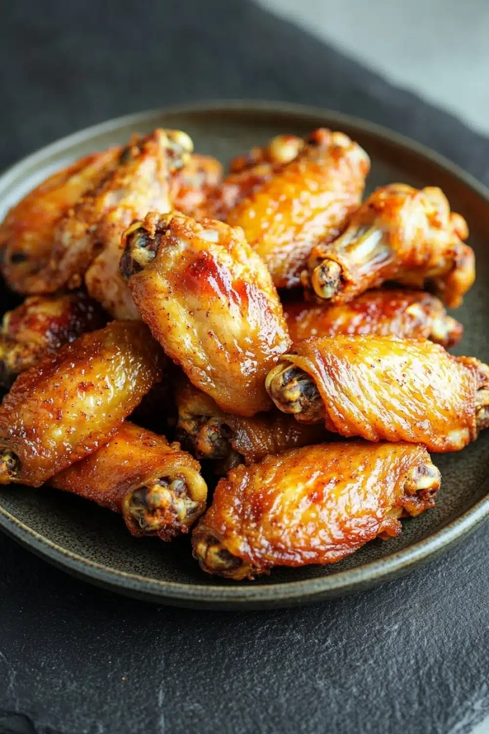 Crispy chicken wings on blackstone - the image shows a plate of cooked chicken wings. the wings are golden brown and appear to be seasoned with herbs and spices. they are arranged in a circular pattern on the plate, with some overlapping each other. the plate is black and has a textured surface. the background is blurred, but it appears to be a kitchen countertop.