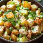 Crispy potato salad with creamy chili crunch dressing - the image is a close-up of a bowl of potato salad. the bowl is made of dark brown ceramic and is placed on a dark wooden table. the salad is made up of diced potatoes, diced green onions, and chopped cilantro. the potatoes are golden brown and appear to be seasoned with herbs and spices. the cilantro is scattered throughout the salad, adding a pop of green color to the dish. the background is blurred, but it appears to be a kitchen countertop.