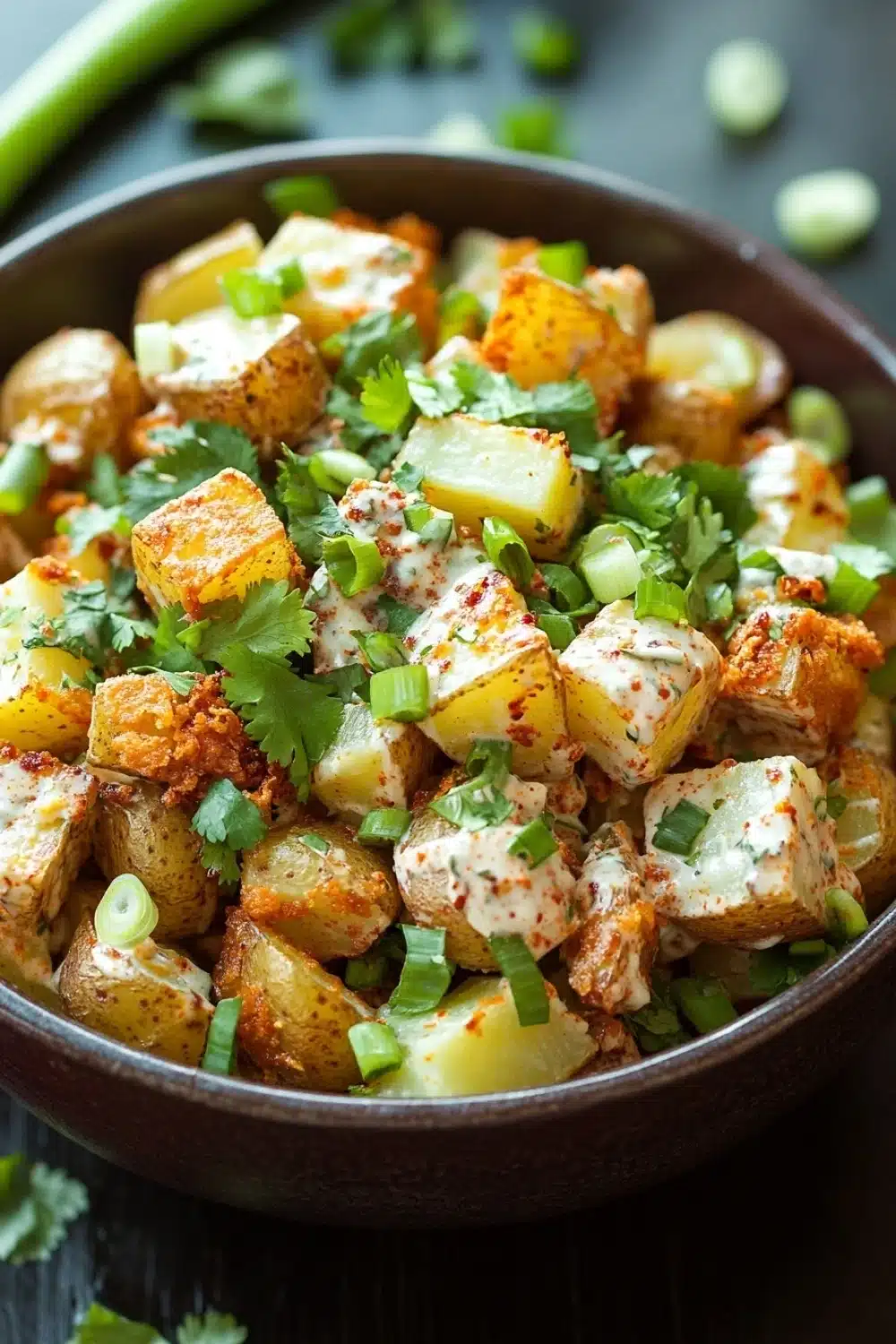 Crispy potato salad with creamy chili crunch dressing - the image is a close-up of a bowl of potato salad. the bowl is made of dark brown ceramic and is placed on a dark wooden table. the salad is made up of diced potatoes, diced green onions, and chopped cilantro. the potatoes are golden brown and appear to be seasoned with herbs and spices. the cilantro is scattered throughout the salad, adding a pop of green color to the dish. the background is blurred, but it appears to be a kitchen countertop.