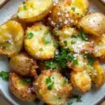 Crispy salt and vinegar smashed potatoes half baked harvest - the image shows a plate of cooked potatoes. the potatoes are golden brown and appear to be seasoned with herbs and spices. they are arranged in a circular pattern on the plate, with some overlapping each other. the plate is made of light-colored ceramic and has a textured surface. there are also a few sprigs of parsley scattered around the plate. the background is a wooden table.