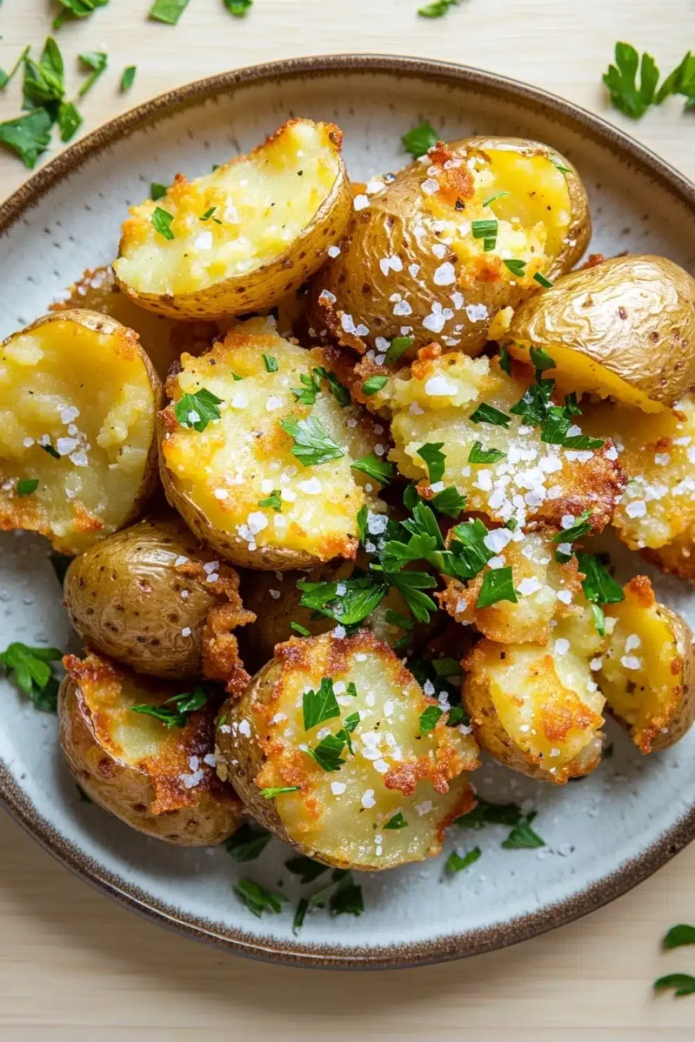 Crispy salt and vinegar smashed potatoes half baked harvest - the image shows a plate of cooked potatoes. the potatoes are golden brown and appear to be seasoned with herbs and spices. they are arranged in a circular pattern on the plate, with some overlapping each other. the plate is made of light-colored ceramic and has a textured surface. there are also a few sprigs of parsley scattered around the plate. the background is a wooden table.