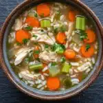 Crock pot chicken rice soup - the image is a close-up of a bowl of soup. the soup appears to be a type of chicken noodle soup, with chunks of chicken, carrots, celery, and other vegetables mixed in. the bowl is made of ceramic and is sitting on a dark grey textured surface. the broth is a light brown color and looks thick and creamy. there are also some sprigs of parsley scattered throughout the soup, adding a pop of green color to the dish.