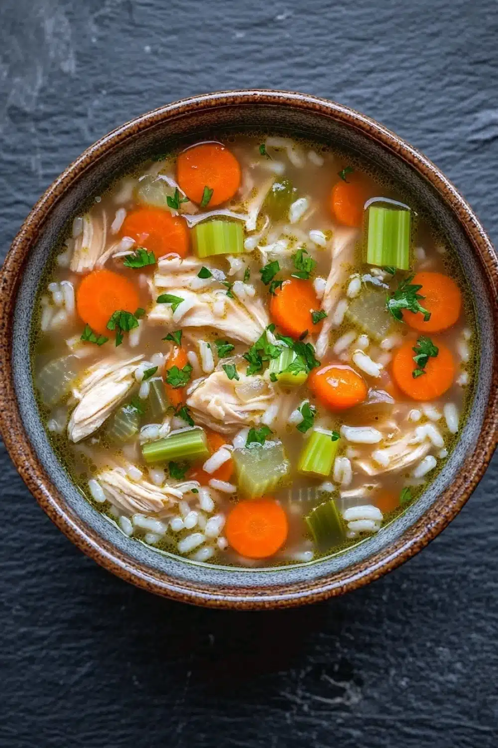 Crock pot chicken rice soup - the image is a close-up of a bowl of soup. the soup appears to be a type of chicken noodle soup, with chunks of chicken, carrots, celery, and other vegetables mixed in. the bowl is made of ceramic and is sitting on a dark grey textured surface. the broth is a light brown color and looks thick and creamy. there are also some sprigs of parsley scattered throughout the soup, adding a pop of green color to the dish.
