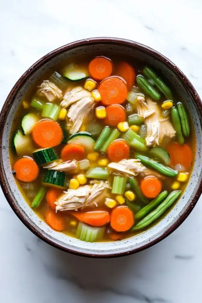 Crock pot chicken vegetable soup - the image is a close-up of a bowl of soup. the soup appears to be a vegetable soup with chunks of chicken, carrots, green beans, corn, and zucchini. the vegetables are mixed in with the soup, creating a colorful and appetizing appearance. the bowl is made of ceramic and is sitting on a white marble countertop.