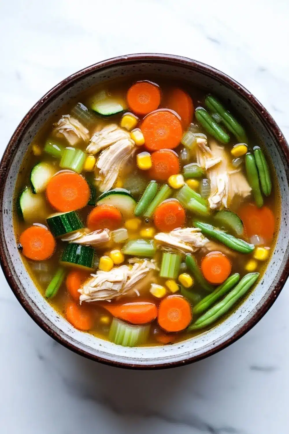 Crock pot chicken vegetable soup - the image is a close-up of a bowl of soup. the soup appears to be a vegetable soup with chunks of chicken, carrots, green beans, corn, and zucchini. the vegetables are mixed in with the soup, creating a colorful and appetizing appearance. the bowl is made of ceramic and is sitting on a white marble countertop.