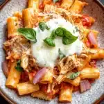 Crockpot chicken ziti slow cooker - the image is a close-up of a plate of pasta dish. the pasta appears to be penne, which is a type of penne pasta, and is cooked in a tomato-based sauce. the dish is garnished with fresh basil leaves and a dollop of sour cream on top. there are also chunks of red onions scattered throughout the dish, adding a pop of color and texture. the plate is made of ceramic and is sitting on a dark grey textured surface.