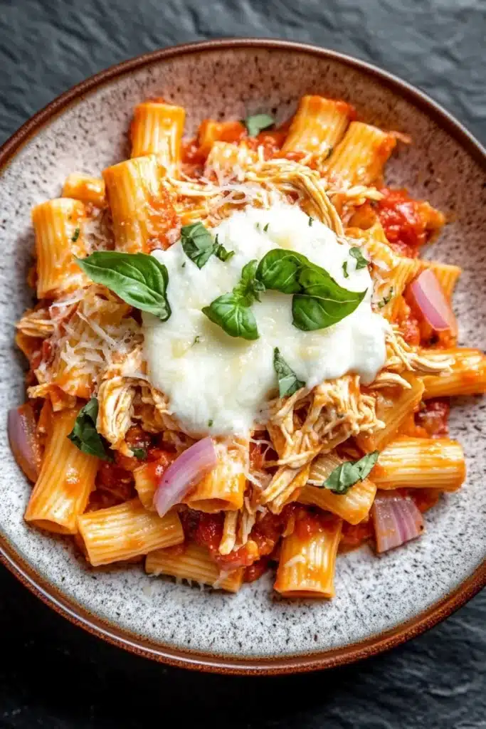 Crockpot chicken ziti slow cooker - the image is a close-up of a plate of pasta dish. the pasta appears to be penne, which is a type of penne pasta, and is cooked in a tomato-based sauce. the dish is garnished with fresh basil leaves and a dollop of sour cream on top. there are also chunks of red onions scattered throughout the dish, adding a pop of color and texture. the plate is made of ceramic and is sitting on a dark grey textured surface.