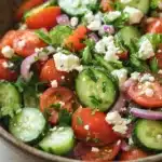Cucumber tomato feta salad - the image is a close-up of a colorful salad in a bowl. the salad is made up of sliced tomatoes, cucumbers, red onions, and feta cheese. the tomatoes are bright red and appear to be ripe and juicy. the cucumbers are sliced into thin slices and are arranged in a circular pattern. the feta is crumbled and scattered throughout the salad. there are also some fresh herbs, possibly cilantro, adding a pop of green color to the dish. the bowl is sitting on a white tablecloth with a beige napkin underneath.