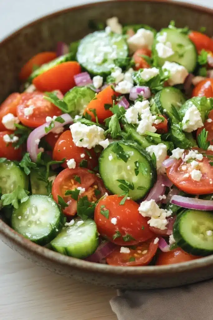 Cucumber tomato feta salad - the image is a close-up of a colorful salad in a bowl. the salad is made up of sliced tomatoes, cucumbers, red onions, and feta cheese. the tomatoes are bright red and appear to be ripe and juicy. the cucumbers are sliced into thin slices and are arranged in a circular pattern. the feta is crumbled and scattered throughout the salad. there are also some fresh herbs, possibly cilantro, adding a pop of green color to the dish. the bowl is sitting on a white tablecloth with a beige napkin underneath.