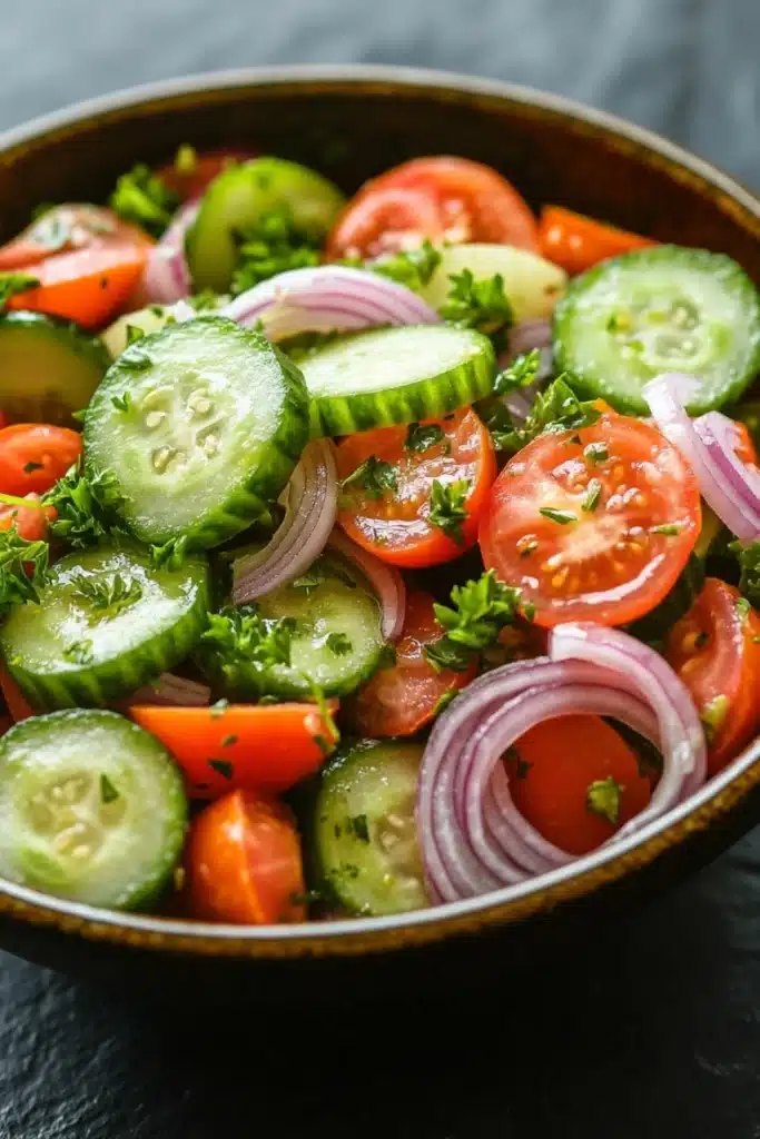 Cucumber tomato onion salad lemon - the image is a close-up of a colorful salad in a bowl. the salad is made up of sliced cucumbers, red onions, and cherry tomatoes. the cucumbers are cut into thin slices and are arranged in a circular pattern. the tomatoes are bright red and appear to be ripe and juicy. the red onions are sliced into thin strips and are scattered throughout the salad. there are also some fresh herbs, possibly parsley, adding a pop of green color to the dish. the bowl is made of dark wood and is sitting on a black countertop.