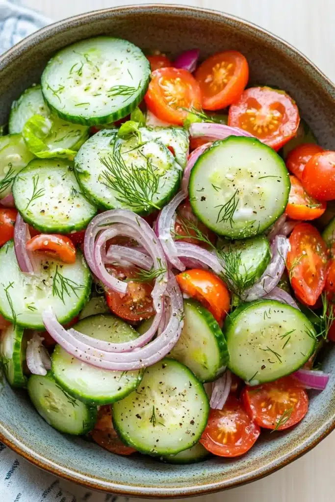 Cucumber tomato onion salad with ranch - the image is a close-up of a colorful salad in a bowl. the salad is made up of sliced cucumbers, red onions, and cherry tomatoes. the cucumbers are arranged in a circular pattern, with some overlapping each other. the red onions are sliced into thin strips and are scattered throughout the salad. the cherry tomatoes are bright red and appear to be ripe and juicy. there are also some dill seeds sprinkled on top, adding a pop of green color to the dish. the bowl is sitting on a white tablecloth with a blue and white striped napkin underneath.