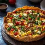 Deep dish breakfast pizza with tortillas - the image shows a freshly baked quiche on a wooden cutting board. the quiche is golden brown and has a flaky crust. it is topped with a mixture of scrambled eggs, sausage, red bell peppers, and green onions. there are also some herbs and spices scattered throughout the quiche. in the background, there are two bowls of ingredients - a tomato and a bowl of cilantro. the cutting board is placed on a dark grey countertop.