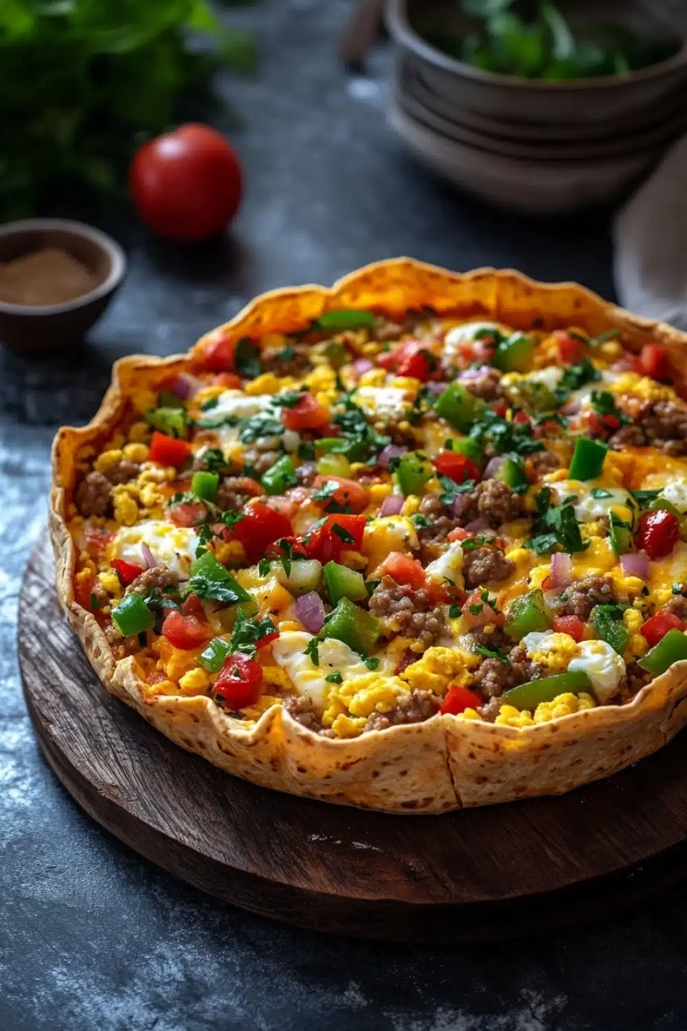 Deep dish breakfast pizza with tortillas - the image shows a freshly baked quiche on a wooden cutting board. the quiche is golden brown and has a flaky crust. it is topped with a mixture of scrambled eggs, sausage, red bell peppers, and green onions. there are also some herbs and spices scattered throughout the quiche. in the background, there are two bowls of ingredients - a tomato and a bowl of cilantro. the cutting board is placed on a dark grey countertop.