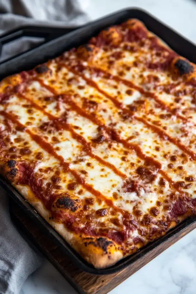 Detroit style pizza in cast iron - the image shows a rectangular baking dish with a freshly baked pizza in it. the pizza has a golden brown crust and is covered in melted cheese and tomato sauce. the cheese is melted and bubbly, and the tomato sauce is drizzled over the top. the dish is sitting on a white marble countertop with a gray cloth napkin on the side. the background is blurred, but it appears to be a kitchen countertop.