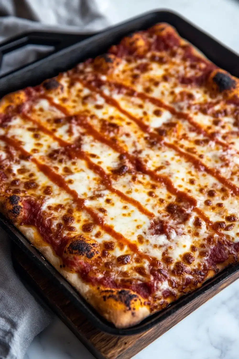 Detroit style pizza in cast iron - the image shows a rectangular baking dish with a freshly baked pizza in it. the pizza has a golden brown crust and is covered in melted cheese and tomato sauce. the cheese is melted and bubbly, and the tomato sauce is drizzled over the top. the dish is sitting on a white marble countertop with a gray cloth napkin on the side. the background is blurred, but it appears to be a kitchen countertop.