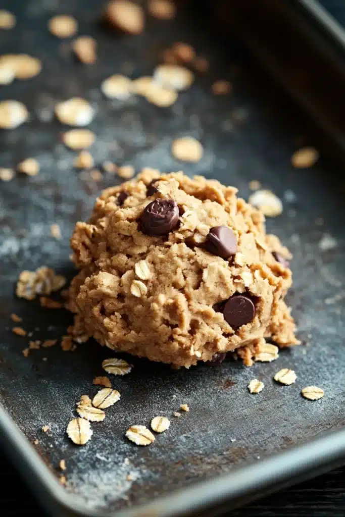 Edible cookie dough with oatmeal - the image shows a single cookie on a black baking tray. the cookie appears to be freshly baked and has a golden brown color. it is topped with chocolate chips and oats, giving it a crunchy texture. the tray is lined with parchment paper, and there are scattered oats around the cookie. the background is dark, making the cookie stand out.
