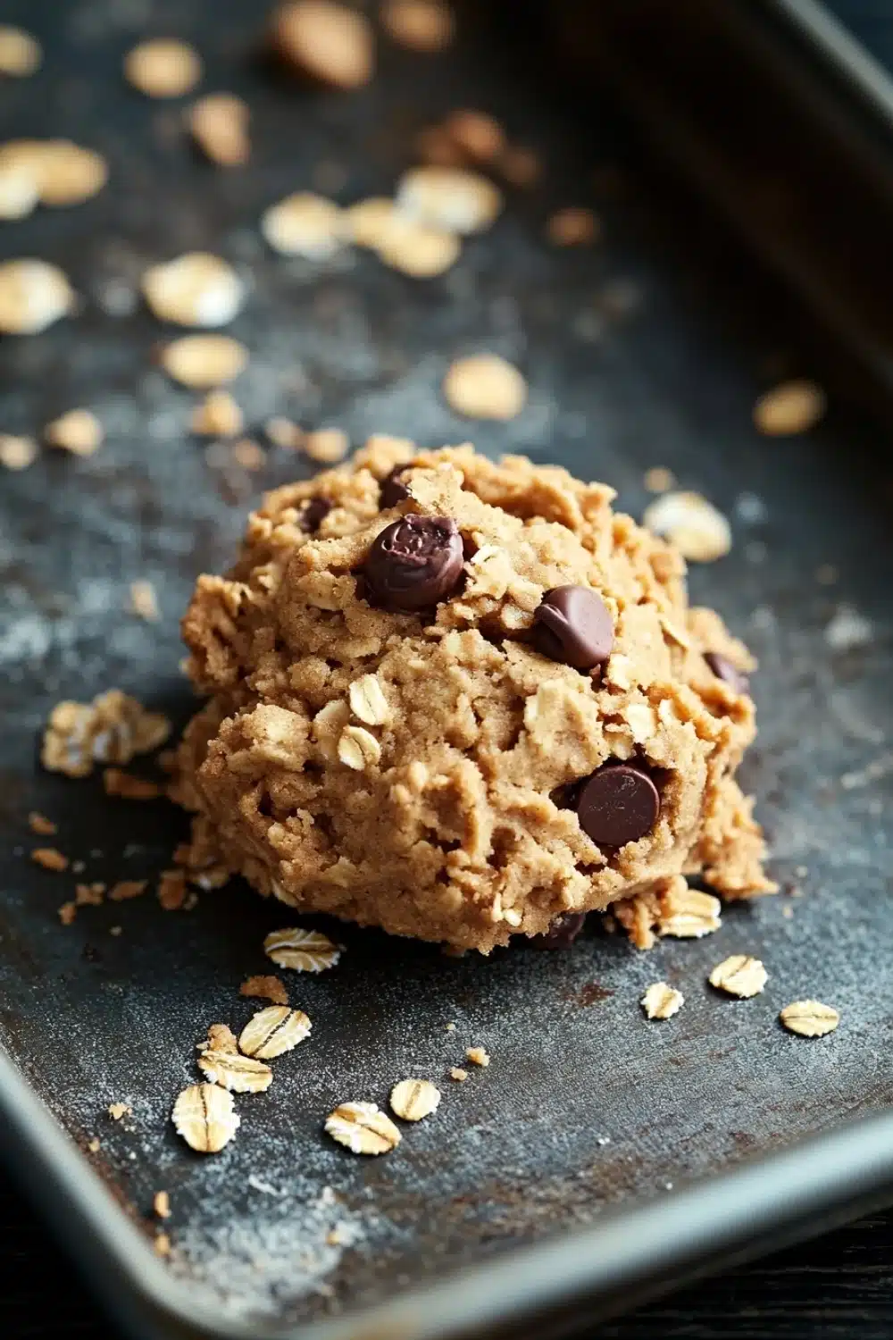 Edible cookie dough with oatmeal - the image shows a single cookie on a black baking tray. the cookie appears to be freshly baked and has a golden brown color. it is topped with chocolate chips and oats, giving it a crunchy texture. the tray is lined with parchment paper, and there are scattered oats around the cookie. the background is dark, making the cookie stand out.