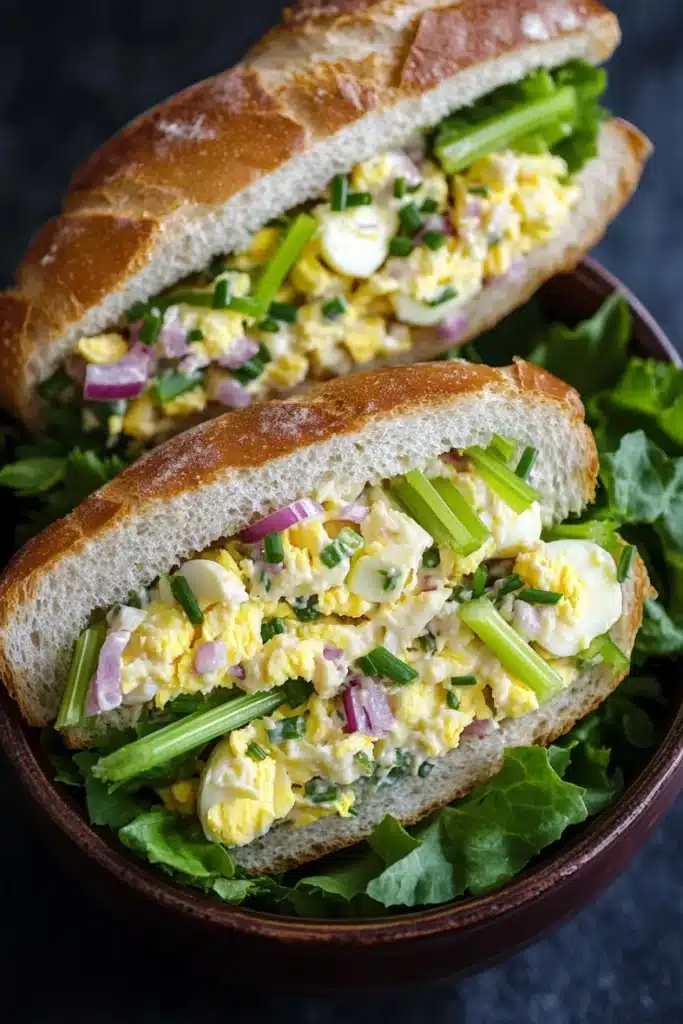 Egg salad sandwich baguette - the image shows two sandwiches in a brown bowl. the sandwiches are made with two slices of toasted bread and are filled with scrambled eggs, green onions, and red onions. the eggs are yellow and runny, and the green onions are scattered throughout the sandwich. the bowl is garnished with a sprig of parsley. the background is dark, making the sandwiches stand out.