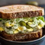 Egg salad sandwich with dill pickles - the image shows a sandwich in a black bowl. the sandwich is made with two slices of toasted bread and is filled with a mixture of scrambled eggs, lettuce, and pickles. the eggs are yellow and runny, and the lettuce is a light green color. the pickles are a dark green color and are scattered throughout the sandwich. the bowl is sitting on a dark blue tablecloth. the background is blurred, but it appears to be a kitchen countertop.
