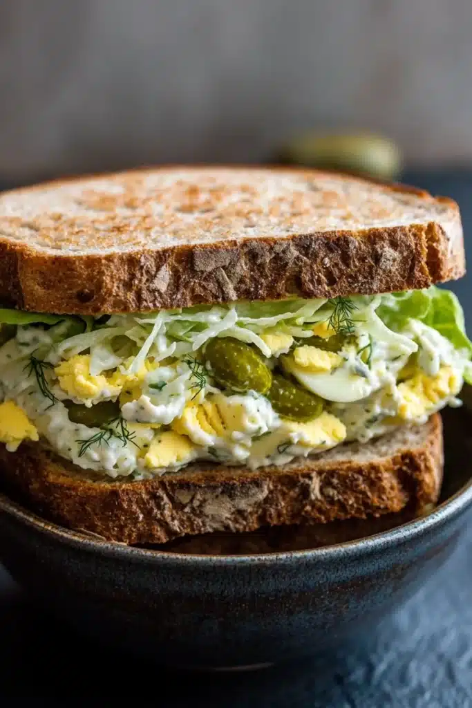 Egg salad sandwich with dill pickles - the image shows a sandwich in a black bowl. the sandwich is made with two slices of toasted bread and is filled with a mixture of scrambled eggs, lettuce, and pickles. the eggs are yellow and runny, and the lettuce is a light green color. the pickles are a dark green color and are scattered throughout the sandwich. the bowl is sitting on a dark blue tablecloth. the background is blurred, but it appears to be a kitchen countertop.