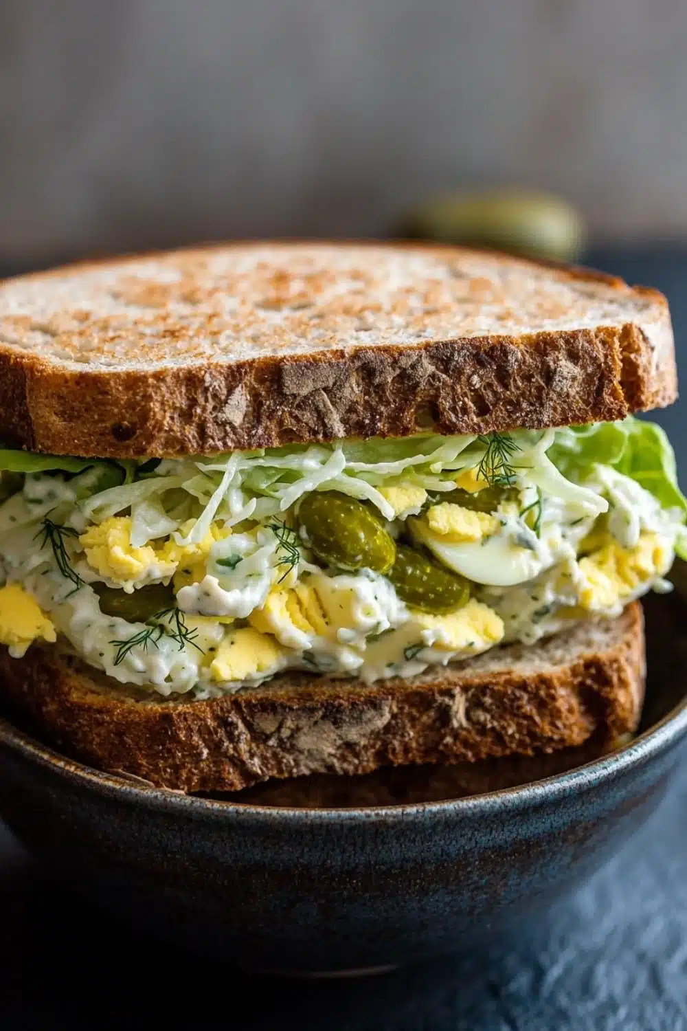 Egg salad sandwich with dill pickles - the image shows a sandwich in a black bowl. the sandwich is made with two slices of toasted bread and is filled with a mixture of scrambled eggs, lettuce, and pickles. the eggs are yellow and runny, and the lettuce is a light green color. the pickles are a dark green color and are scattered throughout the sandwich. the bowl is sitting on a dark blue tablecloth. the background is blurred, but it appears to be a kitchen countertop.