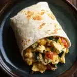 Freezer breakfast burritos with veggies - the image shows a burrito on a dark blue plate. the burrito is rolled up and appears to be filled with scrambled eggs, diced tomatoes, and green herbs. the plate is sitting on a wooden table. the background is blurred, but it seems to be a rustic kitchen countertop.