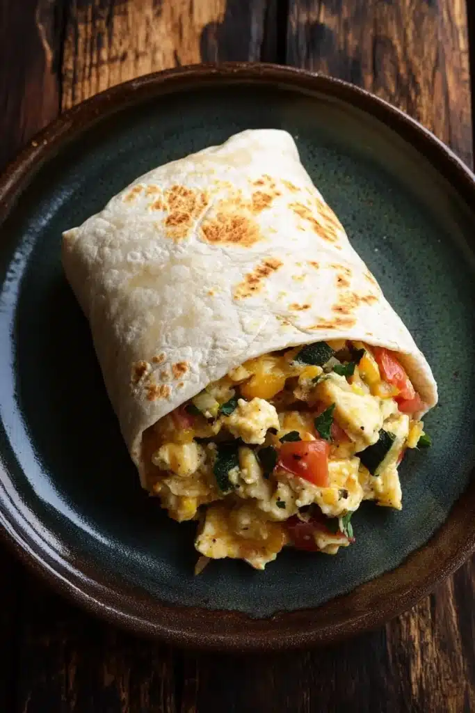Freezer breakfast burritos with veggies - the image shows a burrito on a dark blue plate. the burrito is rolled up and appears to be filled with scrambled eggs, diced tomatoes, and green herbs. the plate is sitting on a wooden table. the background is blurred, but it seems to be a rustic kitchen countertop.