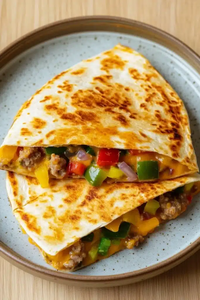 Freezer breakfast quesadilla - the image shows two quesadillas stacked on top of each other on a blue plate. the quesads are golden brown and appear to be freshly cooked. they are filled with ground beef, diced red and green bell peppers, diced onions, and melted cheese. the plate is sitting on a wooden table.