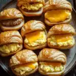 Freezer breakfast sandwiches croissant - the image shows a plate of eight croissants arranged in a circular pattern on a dark wooden table. each croissant is filled with a mixture of scrambled eggs, sausage, and cheese. the eggs are golden brown and appear to be freshly cooked. the sausage is cooked to a medium-rare and the cheese is melted and oozing out of the sides. the plate is made of dark wood and has a rustic, weathered look.