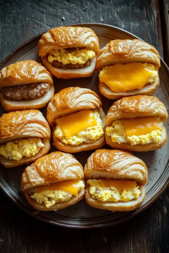 Freezer breakfast sandwiches croissant - the image shows a plate of eight croissants arranged in a circular pattern on a dark wooden table. each croissant is filled with a mixture of scrambled eggs, sausage, and cheese. the eggs are golden brown and appear to be freshly cooked. the sausage is cooked to a medium-rare and the cheese is melted and oozing out of the sides. the plate is made of dark wood and has a rustic, weathered look.