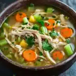 Freezer chicken noodle soup - the image is a close-up of a bowl of soup. the soup appears to be a chicken noodle soup with chunks of chicken, carrots, celery, and other vegetables mixed in. the bowl is made of dark brown ceramic and is sitting on a dark wooden table. there are a few sprigs of parsley scattered around the bowl, adding a pop of green color to the dish. the background is blurred, making the bowl the focal point of the image.