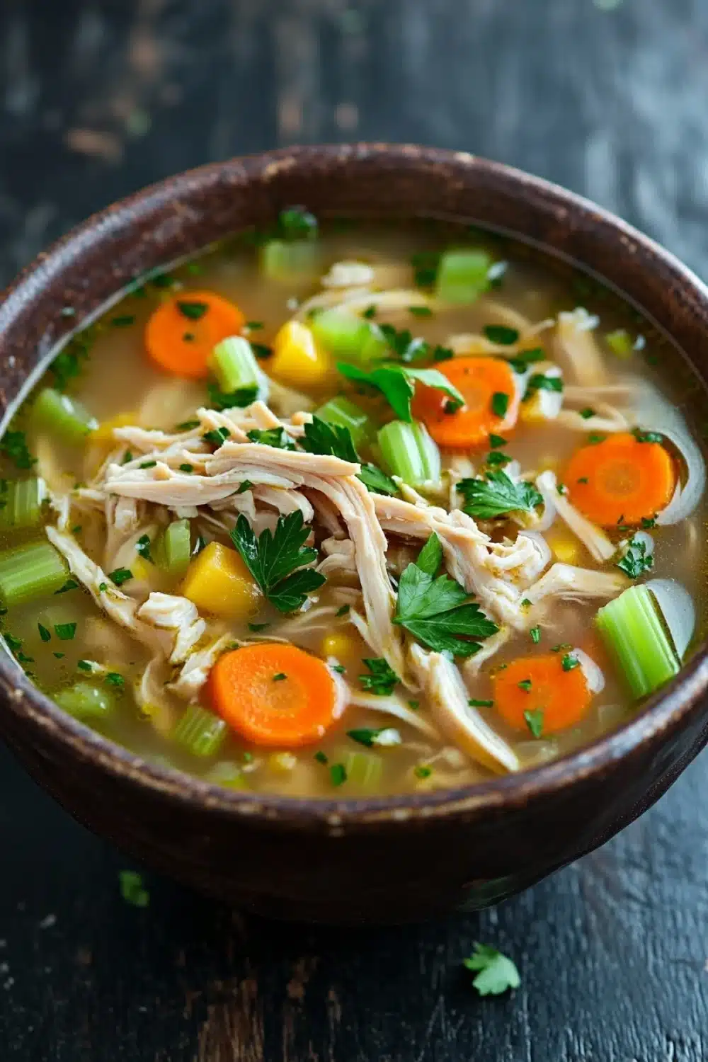 Freezer chicken noodle soup - the image is a close-up of a bowl of soup. the soup appears to be a chicken noodle soup with chunks of chicken, carrots, celery, and other vegetables mixed in. the bowl is made of dark brown ceramic and is sitting on a dark wooden table. there are a few sprigs of parsley scattered around the bowl, adding a pop of green color to the dish. the background is blurred, making the bowl the focal point of the image.