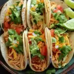 Freezer chicken tacos - the image shows four tacos on a brown plate. the tacos are filled with shredded chicken, diced tomatoes, shredded cheese, and cilantro. there are also two lime wedges on the plate, suggesting that the tacos are ready to be eaten. the plate is sitting on a black countertop with a few sprigs of cilantro scattered around.