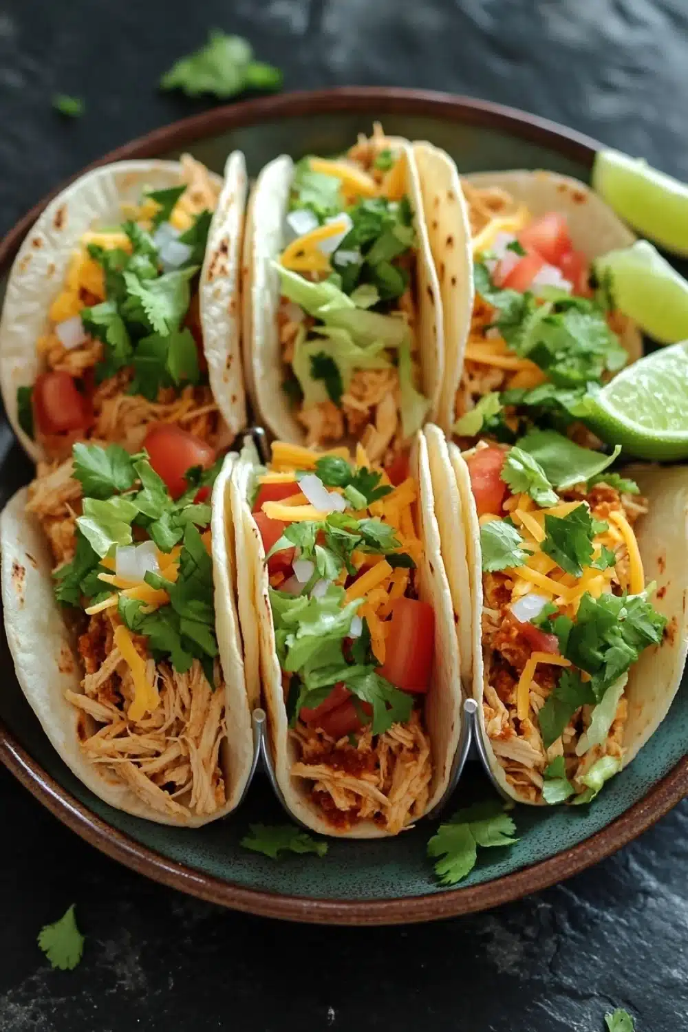 Freezer chicken tacos - the image shows four tacos on a brown plate. the tacos are filled with shredded chicken, diced tomatoes, shredded cheese, and cilantro. there are also two lime wedges on the plate, suggesting that the tacos are ready to be eaten. the plate is sitting on a black countertop with a few sprigs of cilantro scattered around.