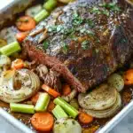 French roast beef slow cooker - the image shows a large rectangular baking dish filled with a dish of cooked meat and vegetables. the meat appears to be a roast beef, with a dark brown color and a shiny texture. it is garnished with chopped parsley on top. the vegetables in the dish include carrots, celery, and onions. the dish is sitting on a white marble countertop. the colors of the ingredients are vibrant and the dish looks appetizing.