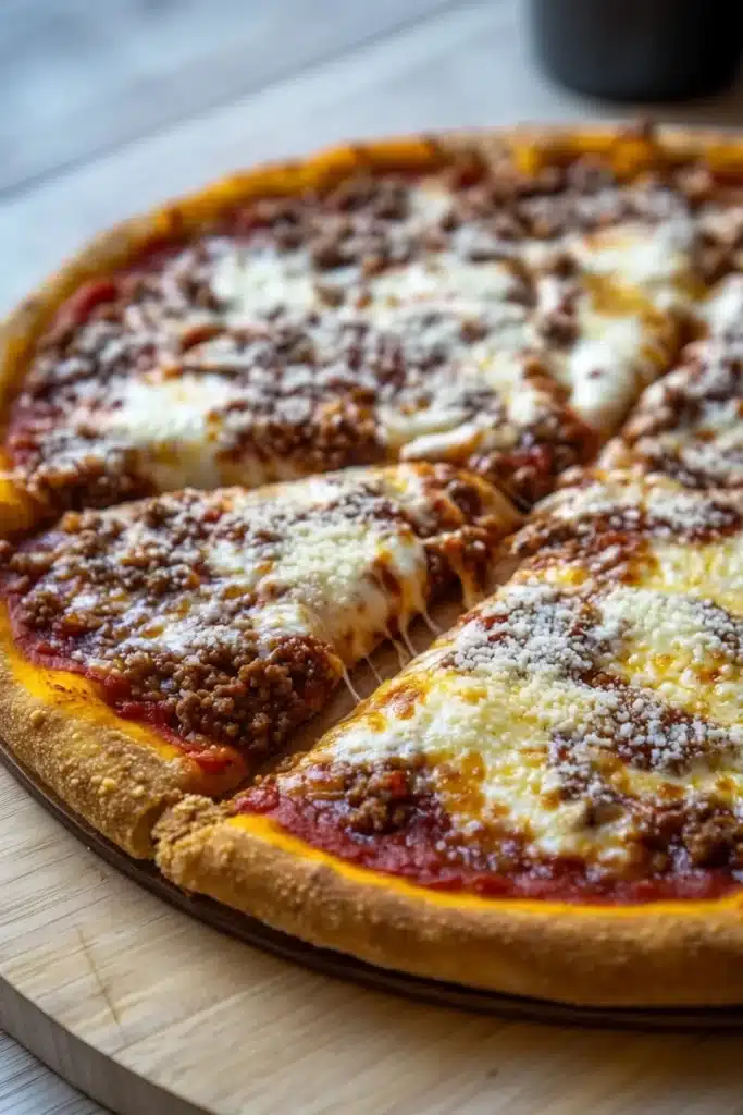 Frozen deep dish pizza - the image shows a large pizza on a wooden cutting board. the pizza has a golden brown crust and is topped with melted cheese and ground meat. the cheese is melted and bubbly, and the meat appears to be ground beef or ground beef. there are also small pieces of pepperoni scattered on top of the cheese. the cutting board is placed on a white wooden table, and there is a black cup of coffee in the background.