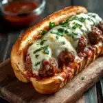 Garlic bread meatball subs - the image shows a wooden cutting board with a freshly baked bread roll on it. the bread roll is golden brown and appears to be freshly baked. on top of the bread roll, there is a generous amount of melted cheese and a sprinkle of fresh herbs. the cheese is white and fluffy, and it is drizzled over the top. there is also a small bowl of red sauce on the cutting board next to the bread. the background is dark and out of focus, making the bread and sauce the focal point of the image.