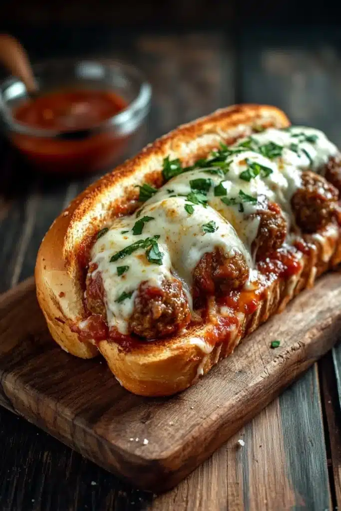 Garlic bread meatball subs - the image shows a wooden cutting board with a freshly baked bread roll on it. the bread roll is golden brown and appears to be freshly baked. on top of the bread roll, there is a generous amount of melted cheese and a sprinkle of fresh herbs. the cheese is white and fluffy, and it is drizzled over the top. there is also a small bowl of red sauce on the cutting board next to the bread. the background is dark and out of focus, making the bread and sauce the focal point of the image.