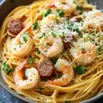 Garlic butter shrimp and sausage pasta skillet - the image shows a plate of spaghetti with shrimp and sausage. the spaghetti is cooked al dente and is garnished with chopped parsley. the shrimp are large and pink, and they are arranged in a circular pattern on top of the spaghetti. the sausage is small and round, and it appears to be seasoned with herbs and spices. the dish is served in a black bowl with a white napkin on the side. the background is a dark grey countertop.