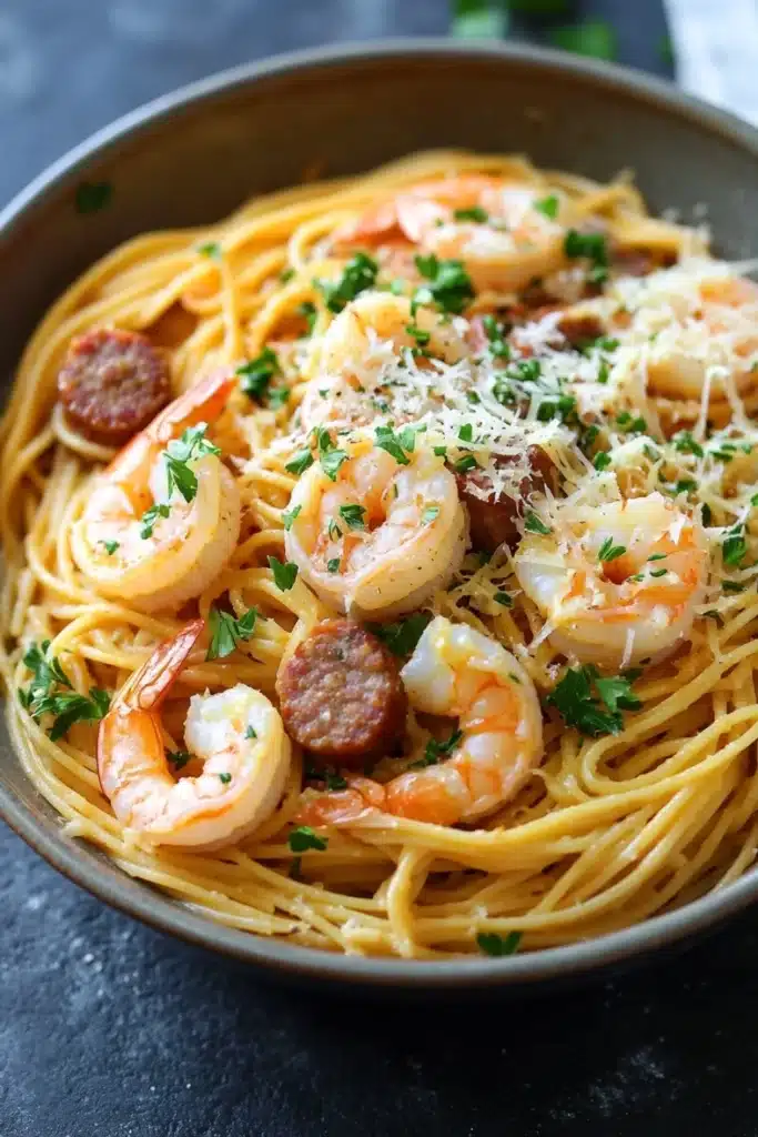 Garlic butter shrimp and sausage pasta skillet - the image shows a plate of spaghetti with shrimp and sausage. the spaghetti is cooked al dente and is garnished with chopped parsley. the shrimp are large and pink, and they are arranged in a circular pattern on top of the spaghetti. the sausage is small and round, and it appears to be seasoned with herbs and spices. the dish is served in a black bowl with a white napkin on the side. the background is a dark grey countertop.
