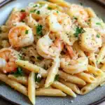 Garlic butter shrimp penne - the image shows a plate of penne pasta with shrimp and parmesan cheese. the pasta is cooked al dente and is topped with fresh parsley. the shrimp are large and pink, and they are arranged in a circular pattern on top of the pasta. the dish is served on a gray plate with a white tablecloth in the background. the overall color scheme of the dish is warm and inviting.