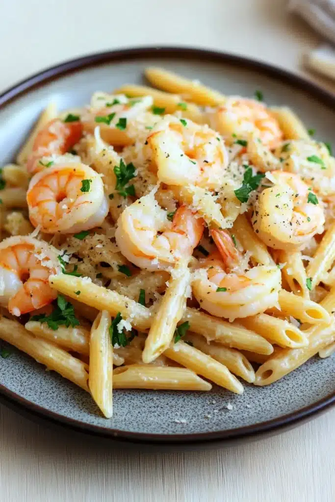 Garlic butter shrimp penne - the image shows a plate of penne pasta with shrimp and parmesan cheese. the pasta is cooked al dente and is topped with fresh parsley. the shrimp are large and pink, and they are arranged in a circular pattern on top of the pasta. the dish is served on a gray plate with a white tablecloth in the background. the overall color scheme of the dish is warm and inviting.