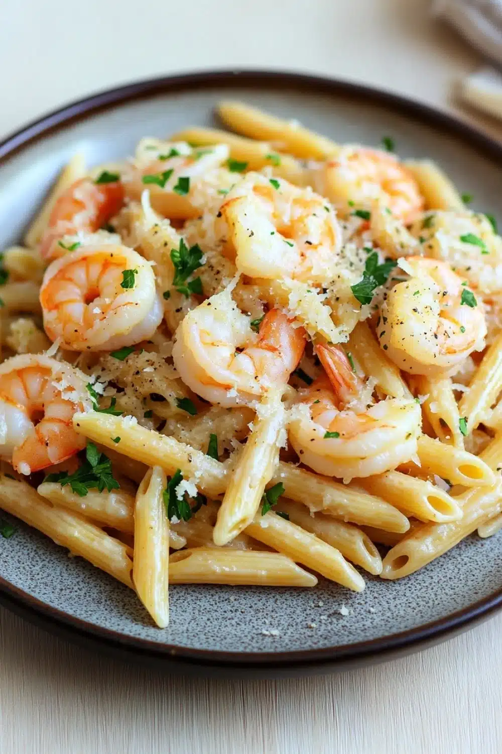 Garlic butter shrimp penne - the image shows a plate of penne pasta with shrimp and parmesan cheese. the pasta is cooked al dente and is topped with fresh parsley. the shrimp are large and pink, and they are arranged in a circular pattern on top of the pasta. the dish is served on a gray plate with a white tablecloth in the background. the overall color scheme of the dish is warm and inviting.