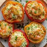 Garlic butter shrimp stuffed peppers - the image shows a plate of stuffed bell peppers. the bell peppers are orange in color and are arranged in a circular pattern on the plate. each bell pepper is filled with a mixture of rice, shrimp, and other ingredients. the rice appears to be cooked and has a golden brown color. the shrimp are cooked to a medium-rare and are scattered throughout the dish. the dish is garnished with chopped parsley. the plate is sitting on a wooden table.