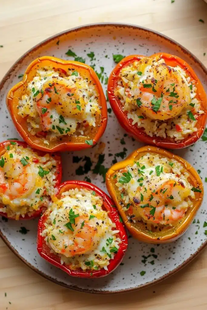 Garlic butter shrimp stuffed peppers - the image shows a plate of stuffed bell peppers. the bell peppers are orange in color and are arranged in a circular pattern on the plate. each bell pepper is filled with a mixture of rice, shrimp, and other ingredients. the rice appears to be cooked and has a golden brown color. the shrimp are cooked to a medium-rare and are scattered throughout the dish. the dish is garnished with chopped parsley. the plate is sitting on a wooden table.