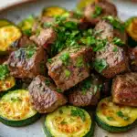 Garlic butter steak bites and zucchini - the image shows a plate of grilled meat and zucchini. the meat appears to be beef tenderloin, with a dark brown color and a crispy texture. it is garnished with fresh parsley, adding a pop of green color to the dish. the zucchinis are cut into small cubes and are arranged in a circular pattern on the plate. the plate is white with a speckled pattern, and the background is blurred, making the plate the focal point of the image.