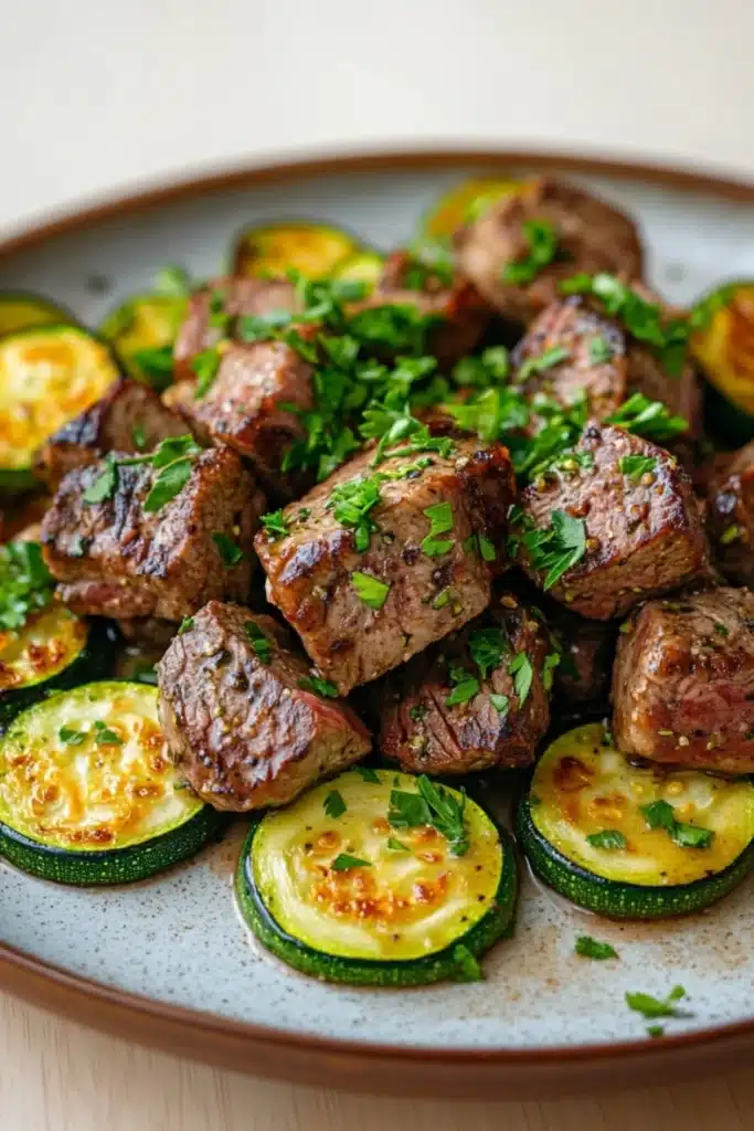 Garlic butter steak bites and zucchini - the image shows a plate of grilled meat and zucchini. the meat appears to be beef tenderloin, with a dark brown color and a crispy texture. it is garnished with fresh parsley, adding a pop of green color to the dish. the zucchinis are cut into small cubes and are arranged in a circular pattern on the plate. the plate is white with a speckled pattern, and the background is blurred, making the plate the focal point of the image.