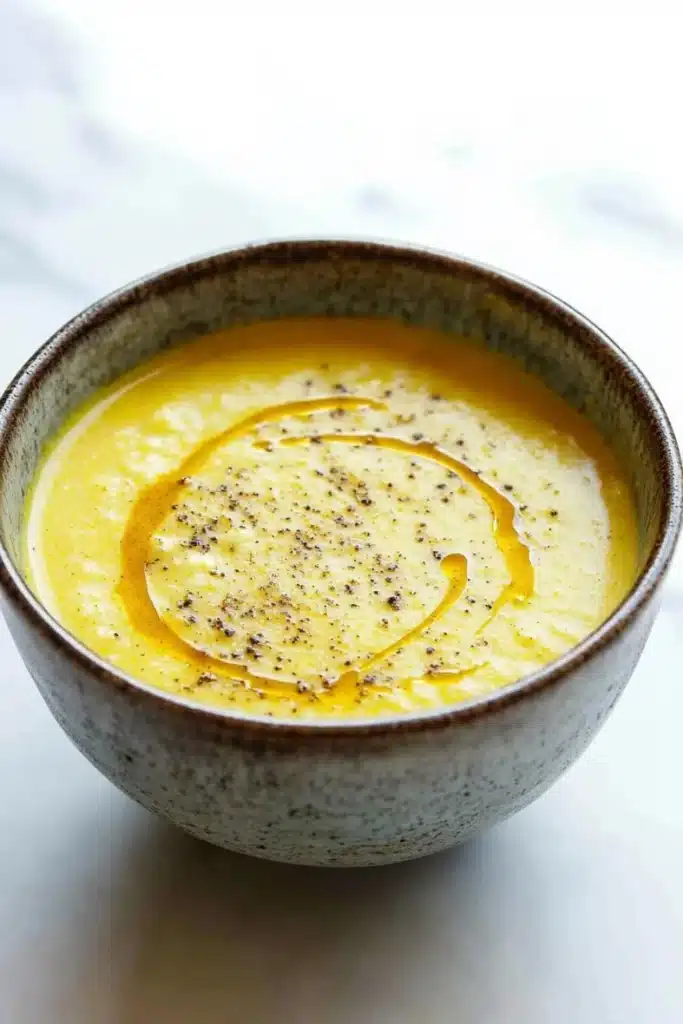 Ginger turmeric cauliflower soup - the image is a close-up of a bowl of soup. the bowl is made of ceramic and has a speckled texture. the soup appears to be a creamy yellow color and is topped with a drizzle of orange sauce. the sauce is drizzled over the top of the soup, creating a smooth and creamy texture. there are small black speckles scattered throughout the sauce, adding a pop of color to the dish. the background is white, making the bowl and sauce stand out.