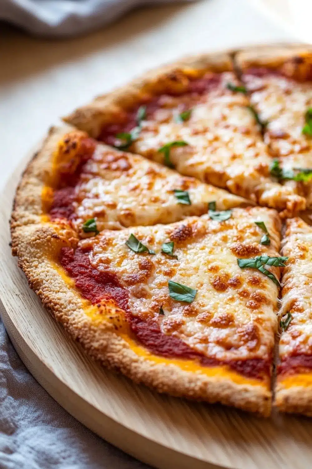 Gluten free pizza crust caputo - the image is of a freshly baked pizza on a wooden cutting board. the pizza has a golden brown crust and is topped with melted cheese and fresh basil leaves. the cheese is golden brown and appears to be melted and bubbly. there are six slices of the pizza on the cutting board, arranged in a circular pattern. the background is blurred, but it seems to be a kitchen countertop with a gray and white striped napkin.