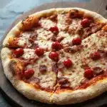Gluten free pizza crust psyllium husk - the image is of a freshly baked pizza on a wooden cutting board. the pizza is round and has a golden brown crust. it is topped with melted cheese, red pepperoni, and small red cherry tomatoes. the cheese is melted and bubbly, and there are small pieces of bacon scattered throughout the pizza. the cutting board is placed on a gray countertop.